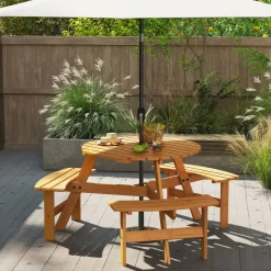 Fir Wood Round Picnic Table Set with 3 Benches and Umbrella Hole