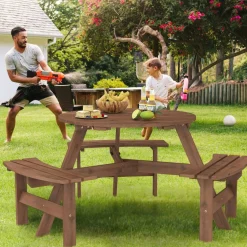 Fir Wood Round Picnic Table Set with 3 Benches and Umbrella Hole
