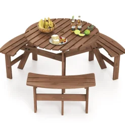 Fir Wood Round Picnic Table Set with 3 Benches and Umbrella Hole