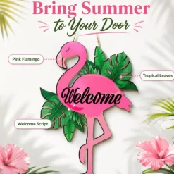 Flamingo Welcome Door Sign, Tropical Summer Wooden Hanging Decor with Pink Flamingo and Palm Leaves, Hawaiian Farmhouse Front Door Wreath Wall Art for Porch Entryway Home Decoration