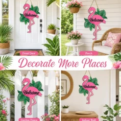 Flamingo Welcome Door Sign, Tropical Summer Wooden Hanging Decor with Pink Flamingo and Palm Leaves, Hawaiian Farmhouse Front Door Wreath Wall Art for Porch Entryway Home Decoration