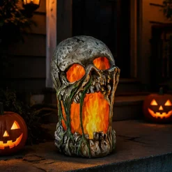 12" Flaming Rotted Skull Animated Prop Tabletop Halloween Decor