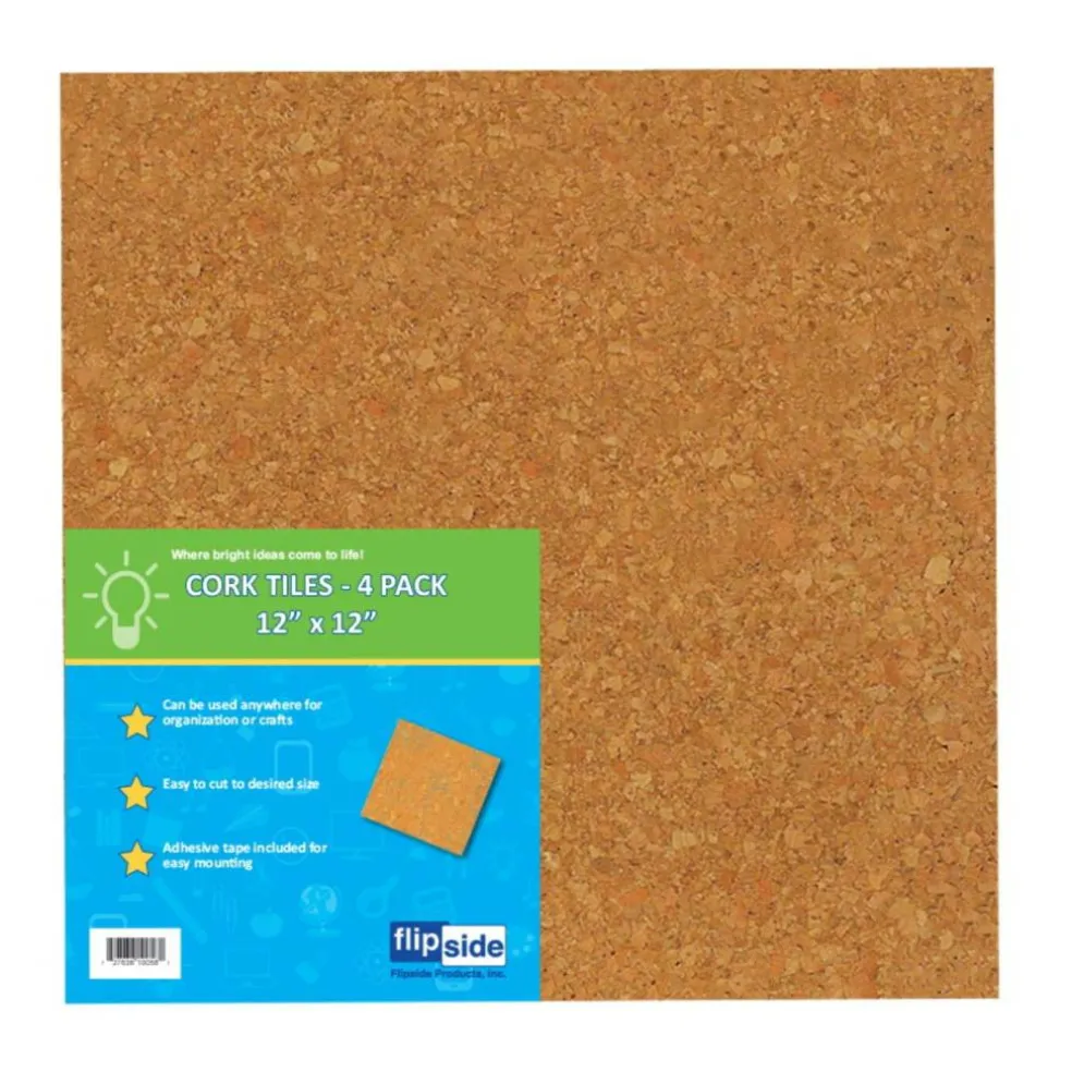 Flipside Cork Tiles, 12 x 12 Inches, Natural, Pack of 4