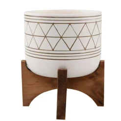 Flora Bunda 5" White Gold Geo Planter With Wood Stand