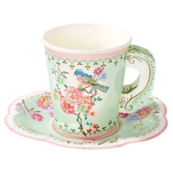 Floral Paper Teacups with Saucers – Set of 12 for Tea Party Decor