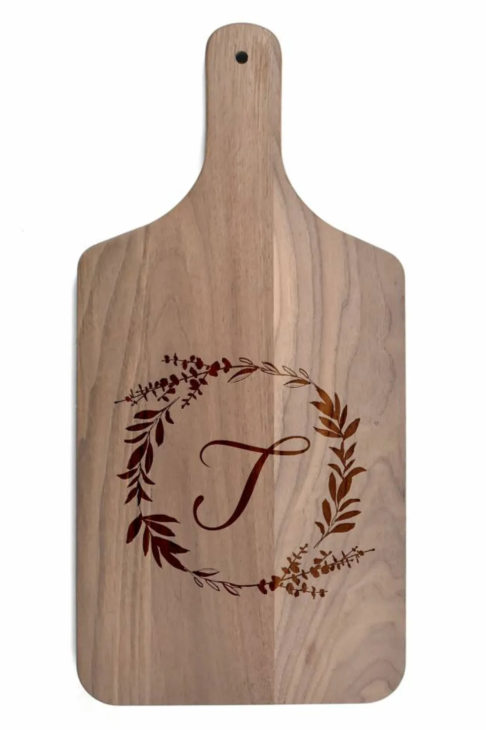 Floral Wreath Monogram Walnut Paddle Cutting Board