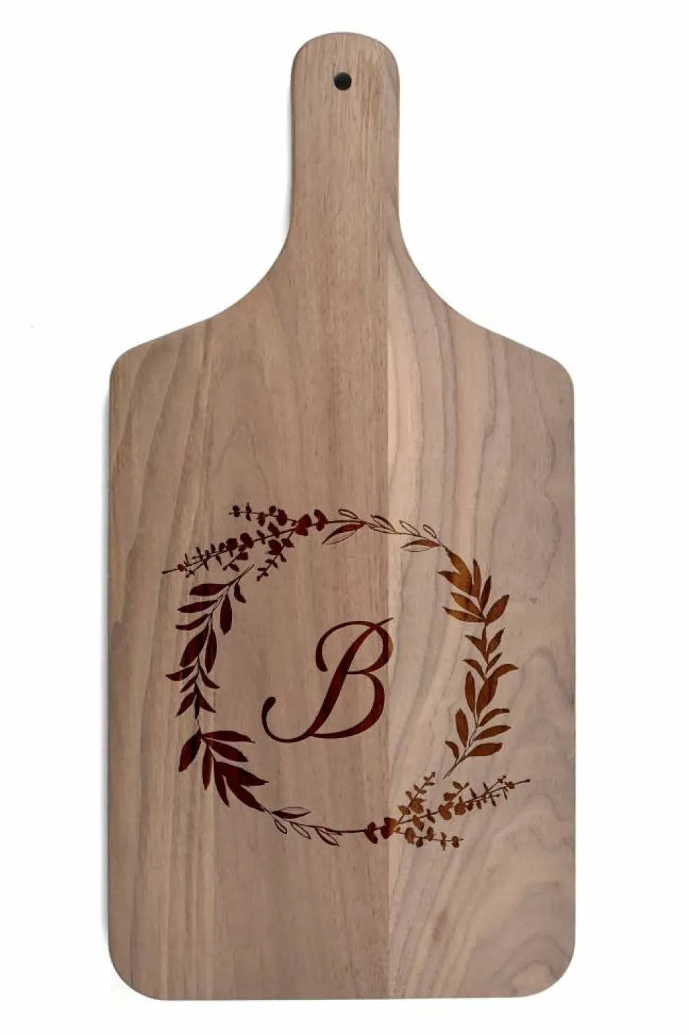 Floral Wreath Monogram Walnut Paddle Cutting Board