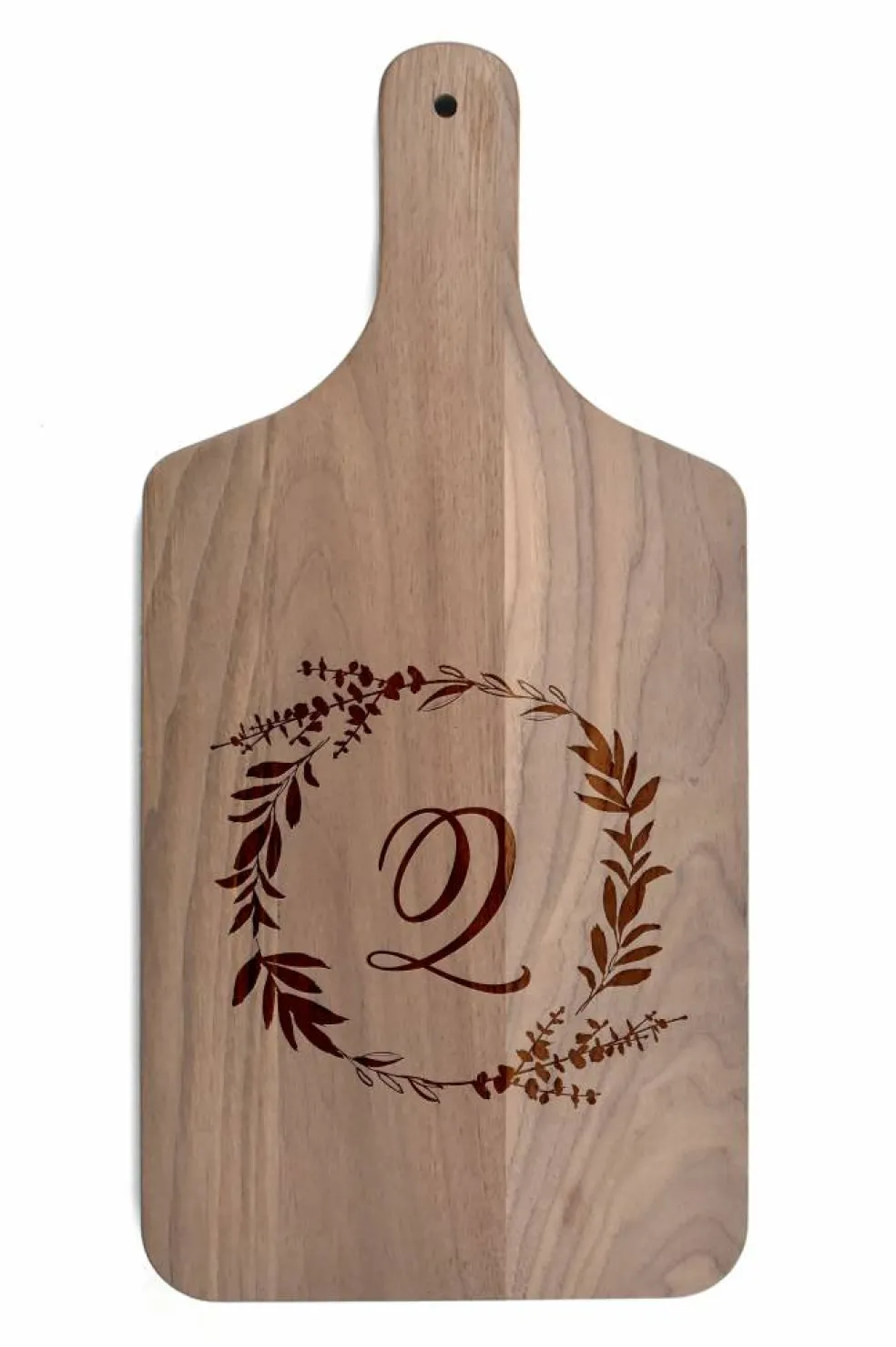 Floral Wreath Monogram Walnut Paddle Cutting Board