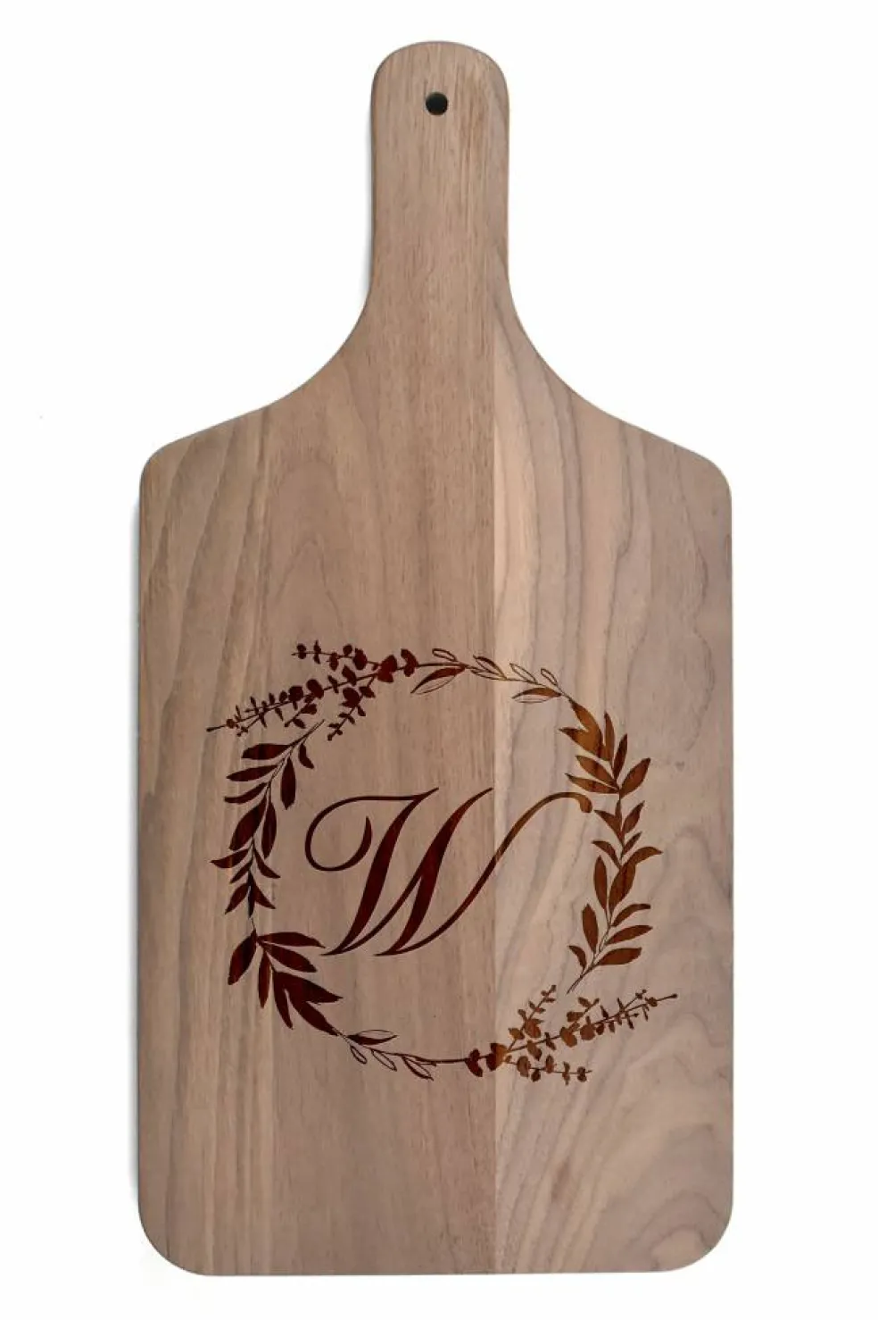 Floral Wreath Monogram Walnut Paddle Cutting Board