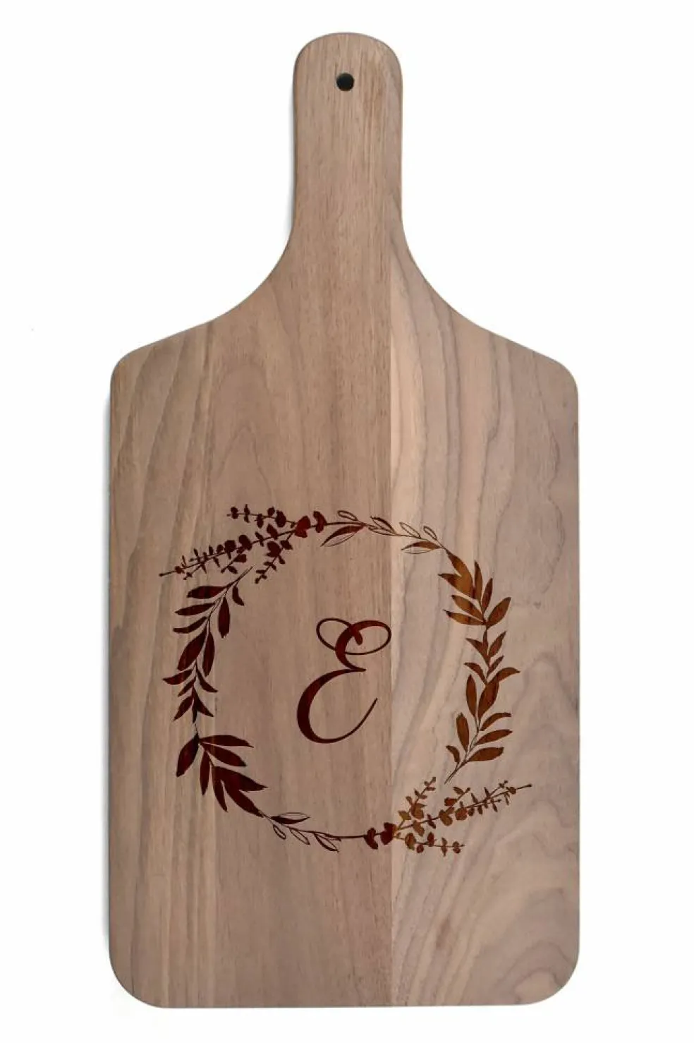 Floral Wreath Monogram Walnut Paddle Cutting Board
