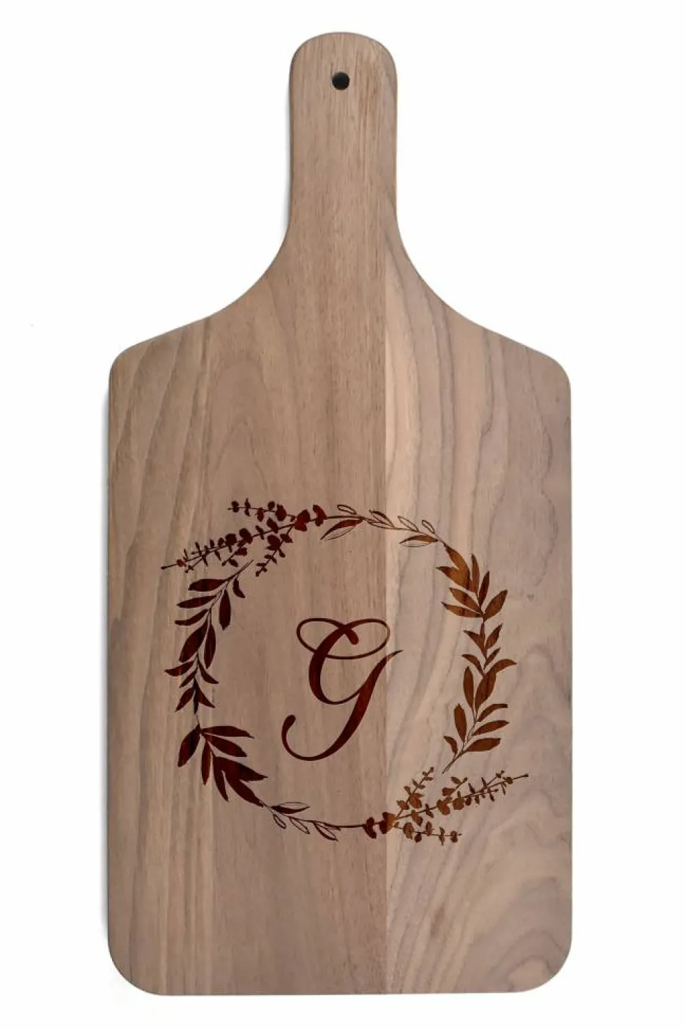 Floral Wreath Monogram Walnut Paddle Cutting Board