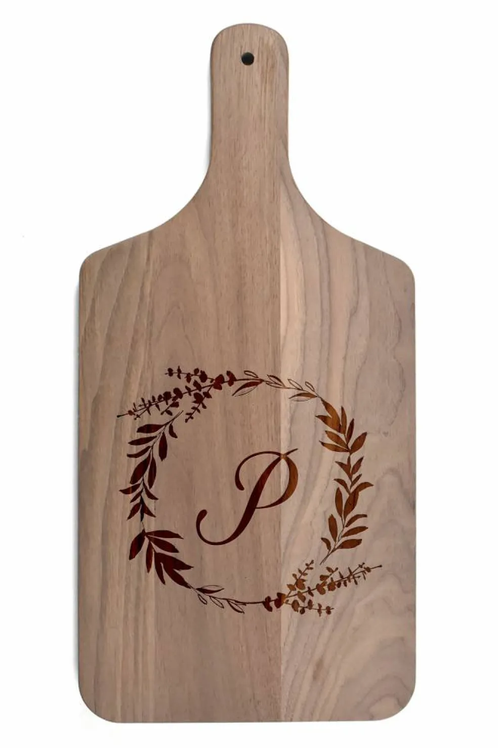 Floral Wreath Monogram Walnut Paddle Cutting Board