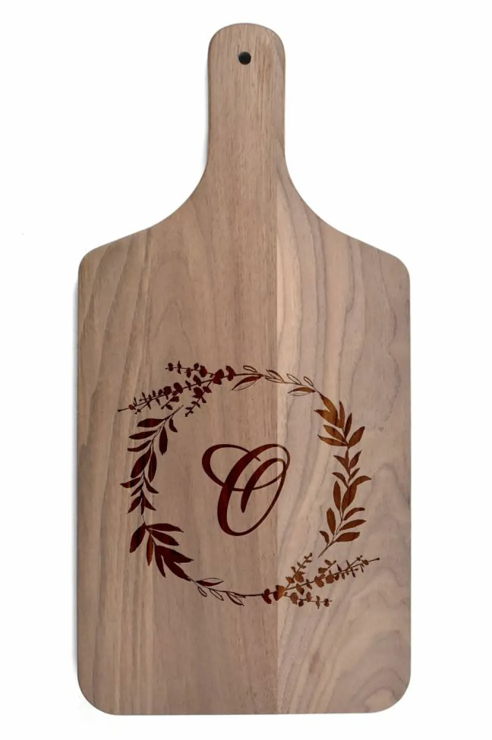 Floral Wreath Monogram Walnut Paddle Cutting Board