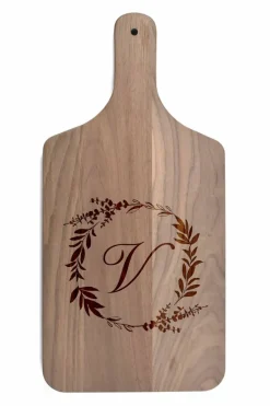 Floral Wreath Monogram Walnut Paddle Cutting Board