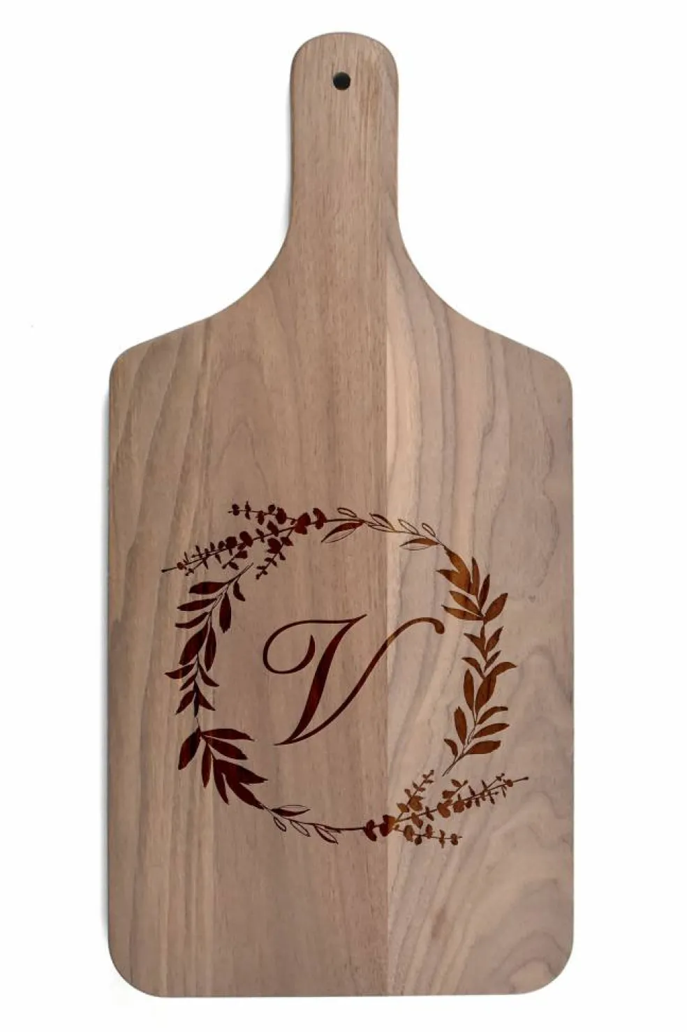 Floral Wreath Monogram Walnut Paddle Cutting Board