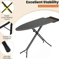 Foldable Ironing Board, Grey Adjustable Height Steam Ironing Table with 48" x 18" Surface, Integrated Iron Holder, Steel Frame and Non-Slip Feet