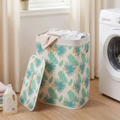 Foldable Wicker Laundry Hamper with Lid, 19 Gal Clothes Basket with Removable Washable Liner, Side Handles for Bedroom and Bathroom Storage