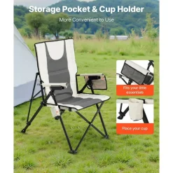 Folding Camping Chair, 3 Reclining Positions, High Back Outdoor Chair with Armrest & Headrest
