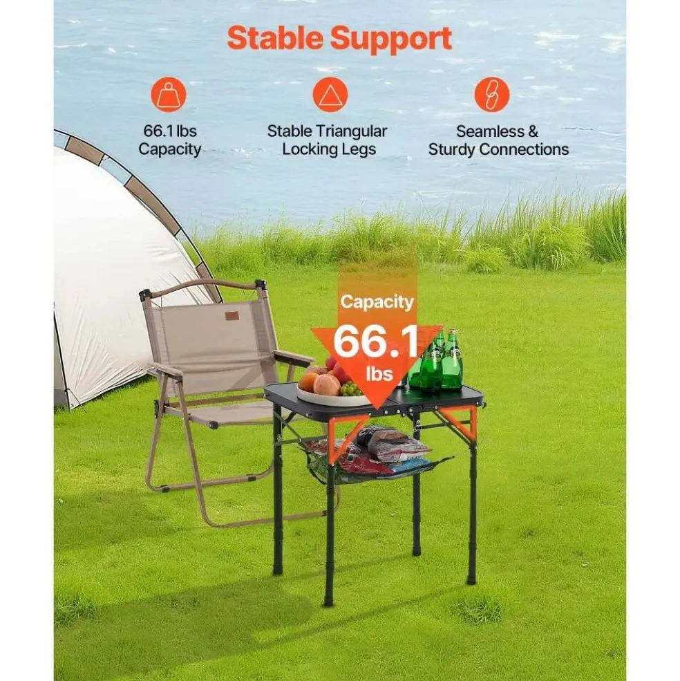 Folding Camping Table Adjustable Height with Mesh Layer