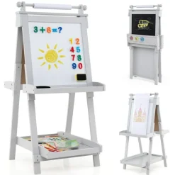 Folding Kids Easel, Double-Sided Adjustable Art Easel with Chalkboard and Magnetic Whiteboard, 3-Level Height, Paper Roll and Storage Trays, Ages 3+