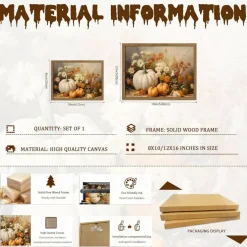 Framed Fall Pumpkin Wall Art, White Pumpkin and Autumn Floral Canvas Print with Wood Frame, Rustic Farmhouse Harvest Decor for Halloween Thanksgiving Living Room Bedroom Dining Room 8x10 Inch