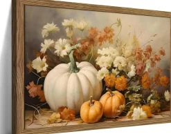 Framed Fall Pumpkin Wall Art, White Pumpkin and Autumn Floral Canvas Print with Wood Frame, Rustic Farmhouse Harvest Decor for Halloween Thanksgiving Living Room Bedroom Dining Room 8x10 Inch