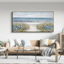 Framed Wall Art for Bedroom Decor - Farmhouse Boho Beach Coastal Vintage Floral Ocean Wall Picture Daisy Flowers Sea Canvas Print Nautical Neutral Seascape Artwork for Home Living Room