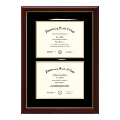 Framerly - 11"w x 8.5"h Double Document Diploma Frame - Solid Hardwood Moulding with Cherry Lacquer Finish and Black and Gold Matting