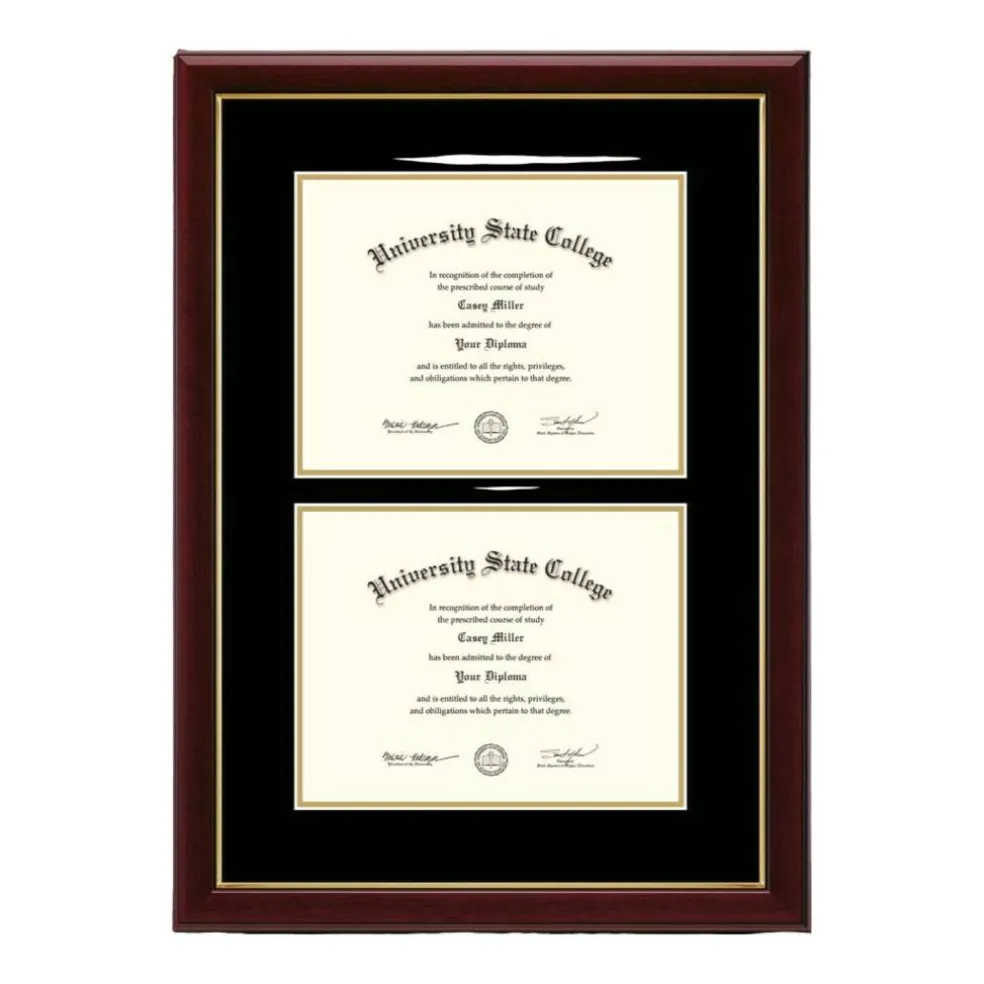 Framerly - 11"w x 8.5"h Double Document Diploma Frame - Solid Hardwood Moulding with Cherry Lacquer Finish and Black and Gold Matting
