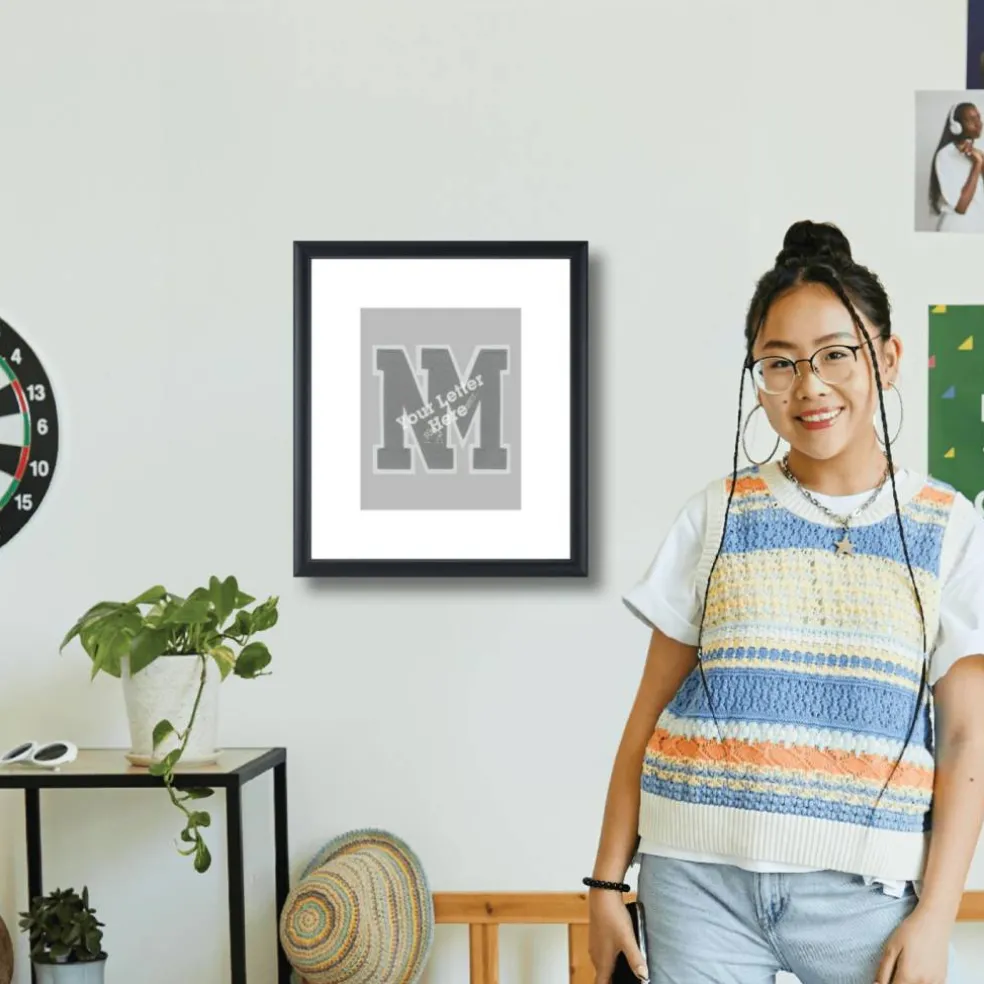 Framerly - 8"w x 10"h Varsity Letter Vertical Frame - Solid Hardwood Shadowbox in Black Satin Finish with White Matting