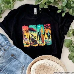 Frankenstein's Beach Vacation T-Shirt, Retro Neon Surf Style Tee for Horror Fans with Summer Vibes
