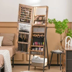 Freestanding Full-Length Mirror Jewelry Cabinet with Metal Tube Frame and 3 Color LED Lighting