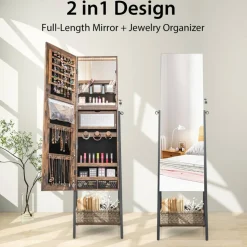 Freestanding Full-Length Mirror Jewelry Cabinet with Metal Tube Frame and 3 Color LED Lighting