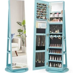 Freestanding Jewelry Armoire with Mirror Lockable LED Lights Swivel Base