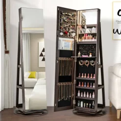 Freestanding Jewelry Armoire with Mirror Lockable LED Lights Swivel Base