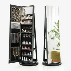 Freestanding Jewelry Armoire with Mirror Lockable LED Lights Swivel Base