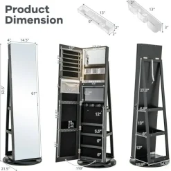 Freestanding Jewelry Armoire with Mirror Lockable LED Lights Swivel Base