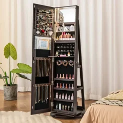 Freestanding Jewelry Armoire with Mirror Lockable LED Lights Swivel Base
