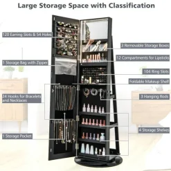 Freestanding Jewelry Armoire with Mirror Lockable LED Lights Swivel Base