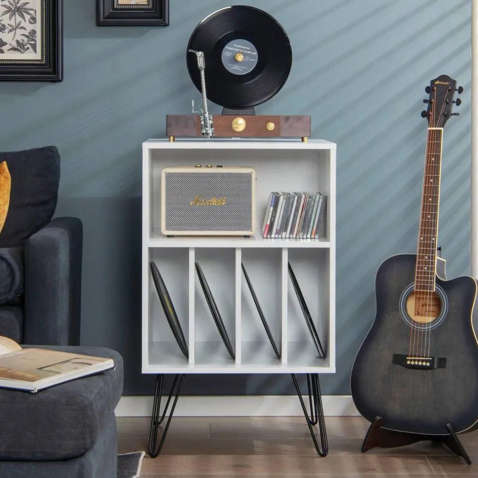 Freestanding Record Player Stand Record Storage Cabinet with Metal Legs