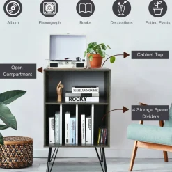 Freestanding Record Player Stand Record Storage Cabinet with Metal Legs