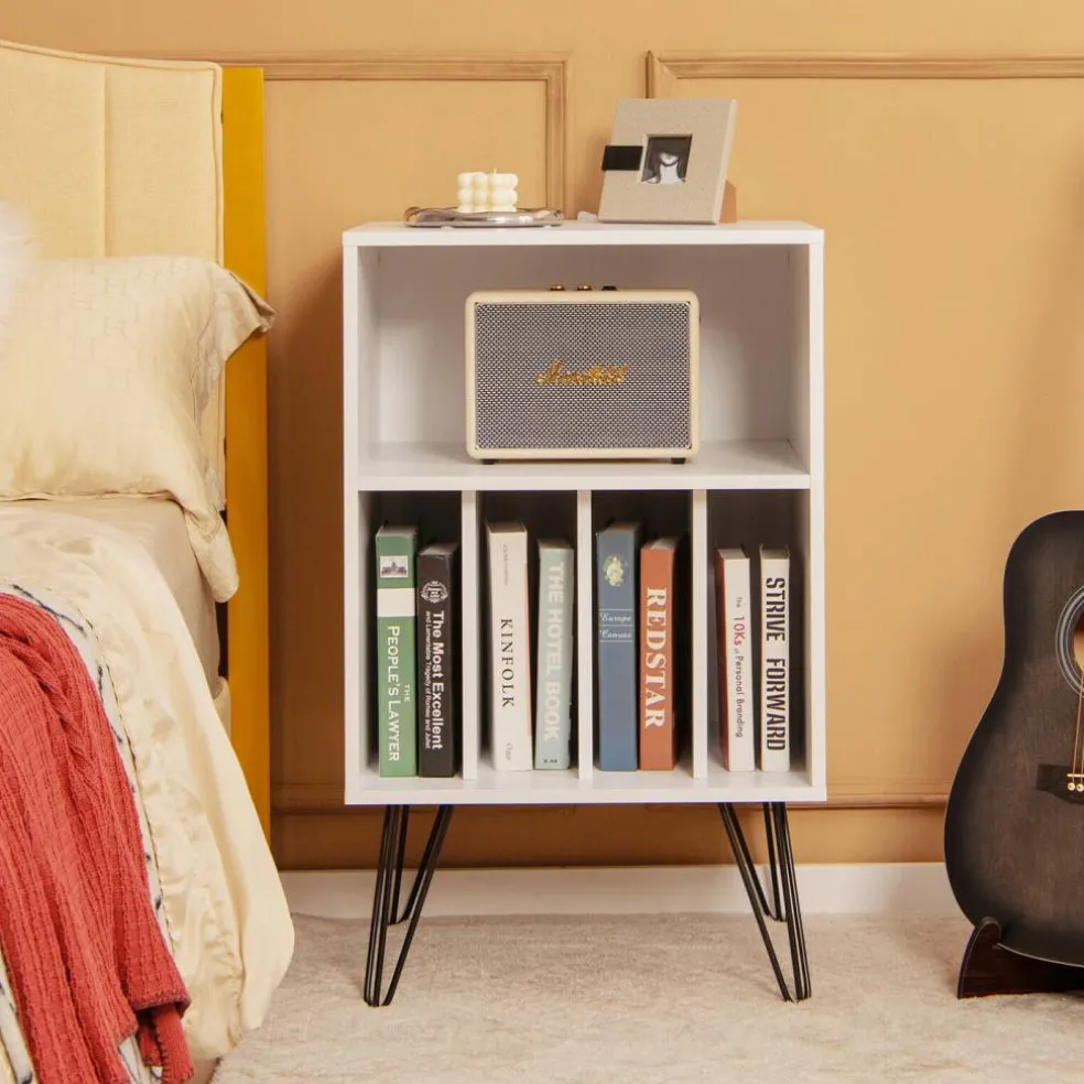 Freestanding Record Player Stand Record Storage Cabinet with Metal Legs