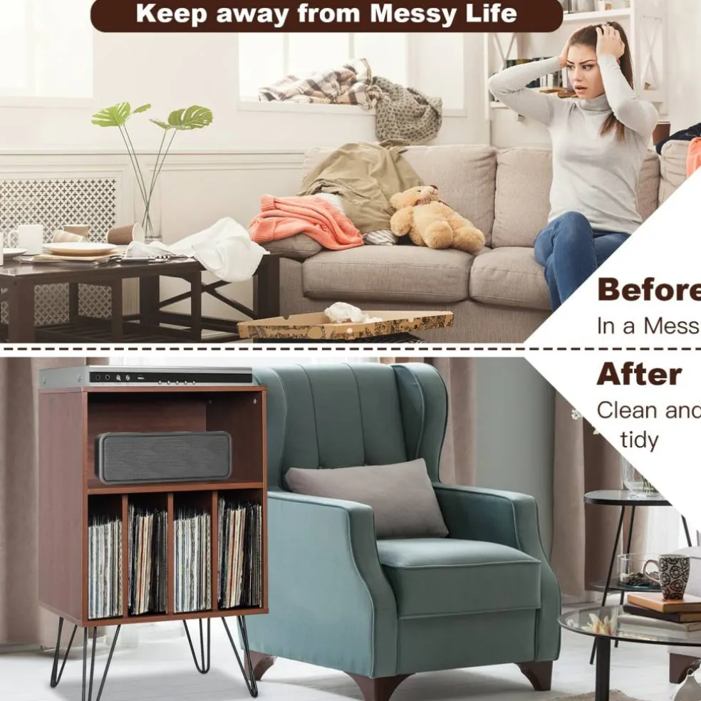 Freestanding Record Player Stand Record Storage Cabinet with Metal Legs