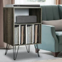 Freestanding Record Player Stand Record Storage Cabinet with Metal Legs