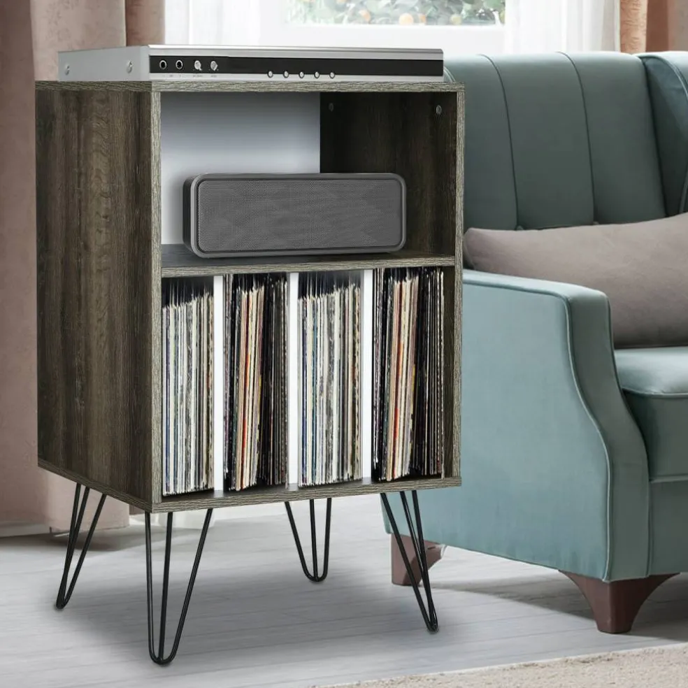 Freestanding Record Player Stand Record Storage Cabinet with Metal Legs