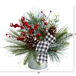 12" Frosted Pinecones & Berries Artificial Arrangement in Vase with Decorative Plaid Bow