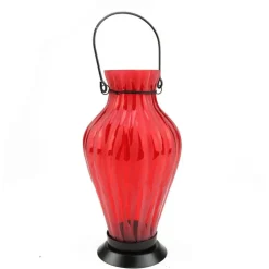9.5" Frosted Red Ribbed Vase Glass Bottle Tea Light Candle Lantern