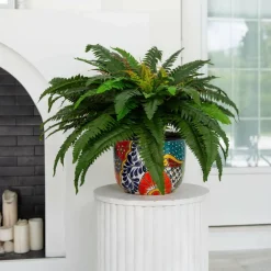 3.5ft Artificial Double Boston Fern in Handmade Mexican Talavera Ceramic Planter