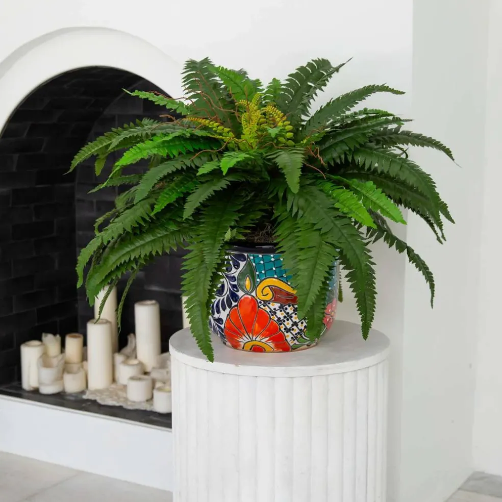 3.5ft Artificial Double Boston Fern in Handmade Mexican Talavera Ceramic Planter