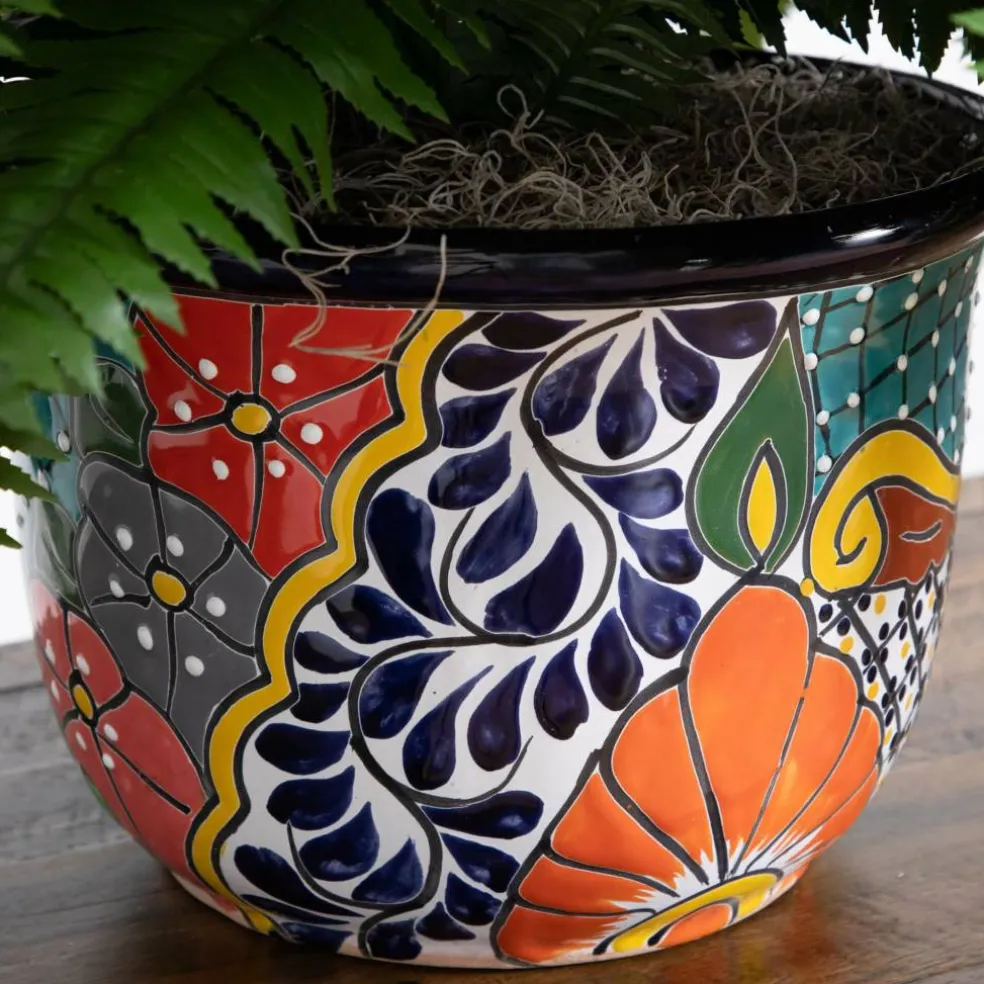 3.5ft Artificial Double Boston Fern in Handmade Mexican Talavera Ceramic Planter